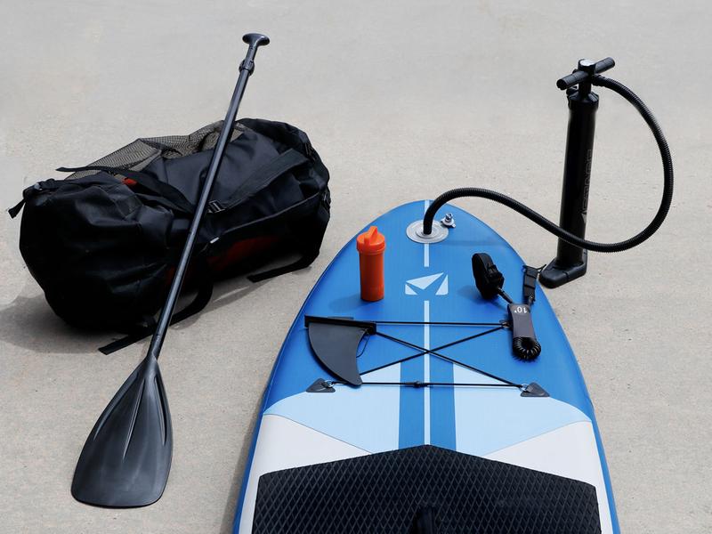 SUP Stand-Up Paddleboard package comes with Pump, paddle, patch kit, attachable fin, and ankle leash